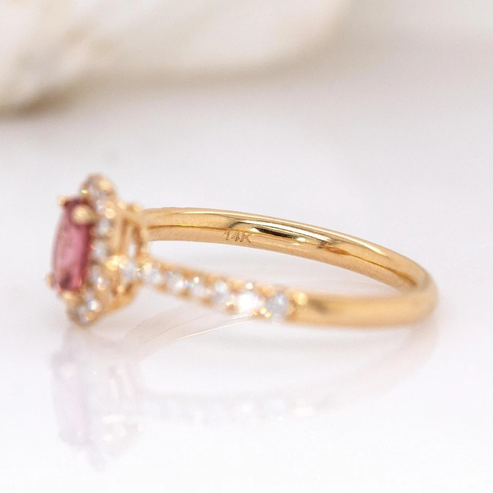 2.50 Ct Oval Cut Padparadscha Sapphire Diamond Anniversary Ring 14K Yellolw Gold