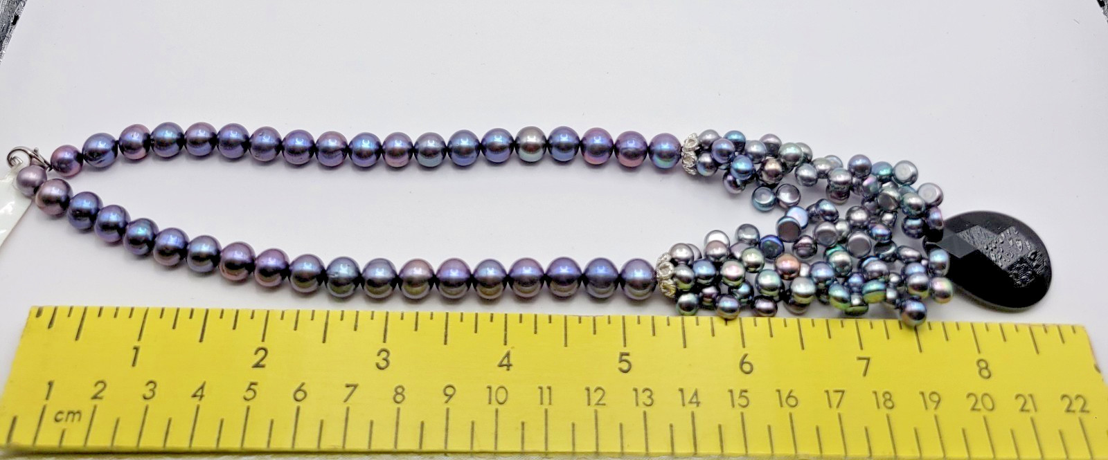 Sterling Silver Peacock Pearl Faceted Onyx Pendant Necklace Graduated Cluster