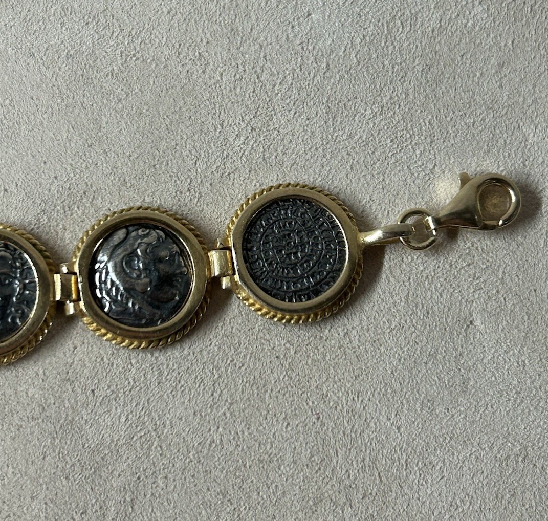 Sterling Silver Vermeil Ancient Greek Coins Link Bracelet 7.25 “