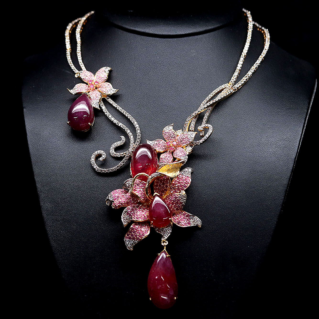 Gemstone Natural Red Ruby, Pink Sapphire & Zircon Necklace 19″ 925 Silver