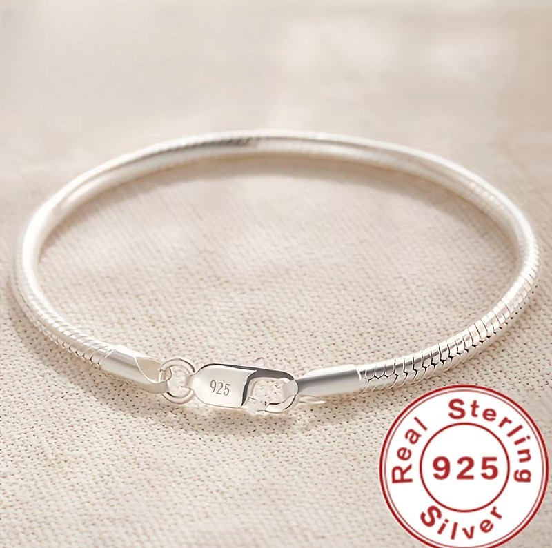 Real Sterling Silver Snake Chain Bracelet with Lobster Clasp, Silver 925, 20cm