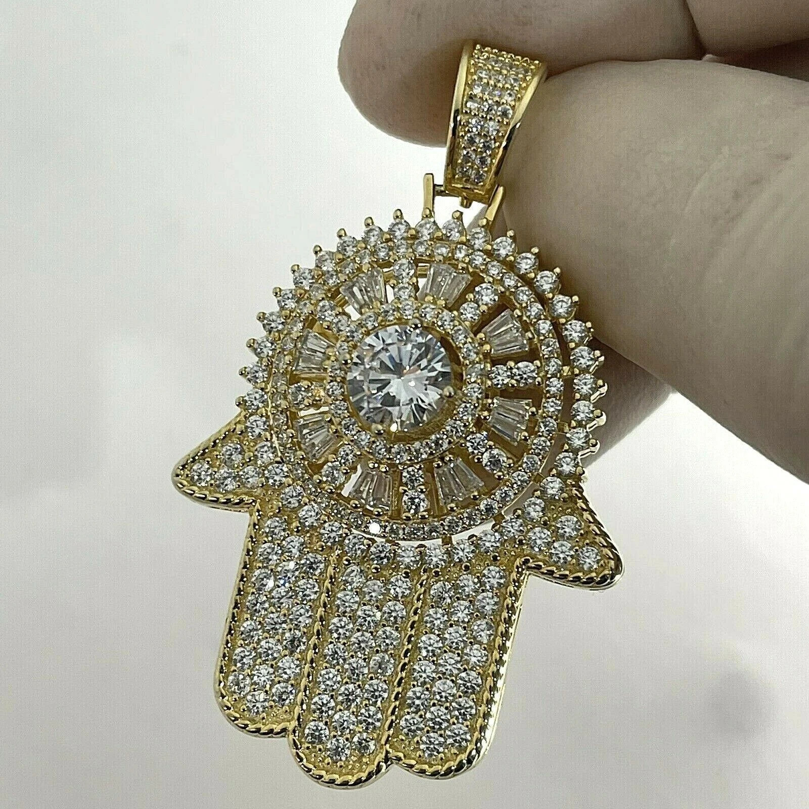 2.20Ct Round Cut Created Diamond Hamsa Pendant 14K Yellow Gold Over Free Chain