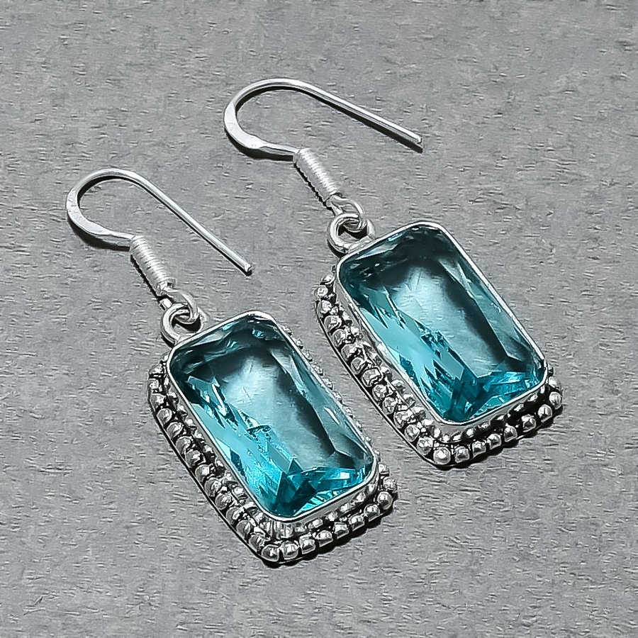 Swiss Blue Topaz 925 Sterling Silver Gemstone Gift Jewelry Earring 1.7″ RP 15520