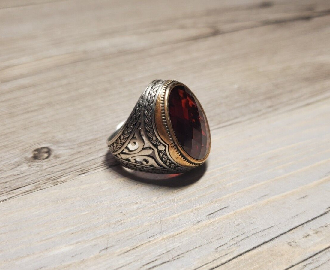 Red Vermillion 18 Carat Chalcedony Sterling Silver & 10K Gold Filigree Ring