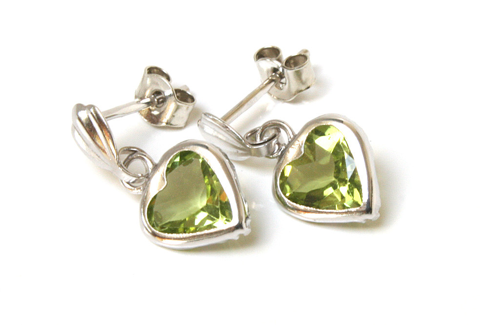 9ct White Gold Peridot Drop Heart Earrings Made in UK Gift Boxed