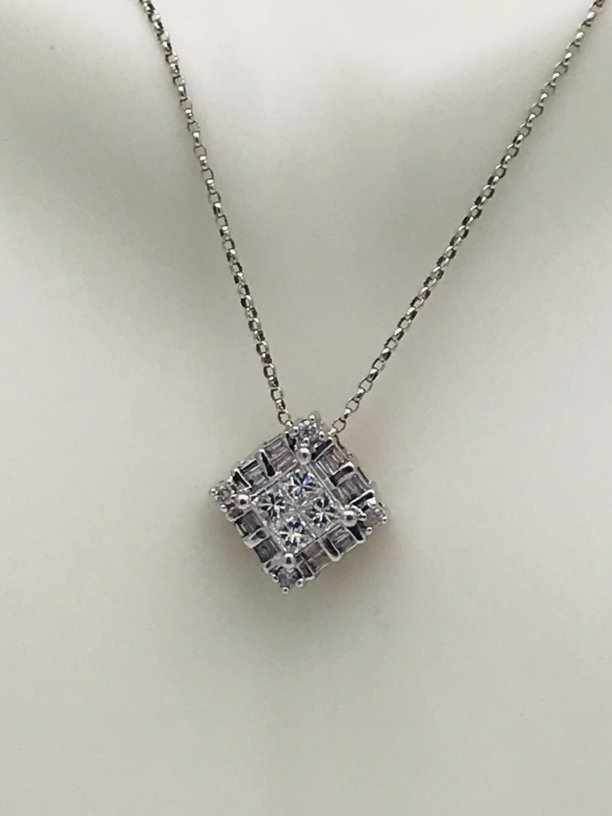 14k White Gold .75ct(tw) Natural Diamond Invisible Princess Setting Necklace 17”