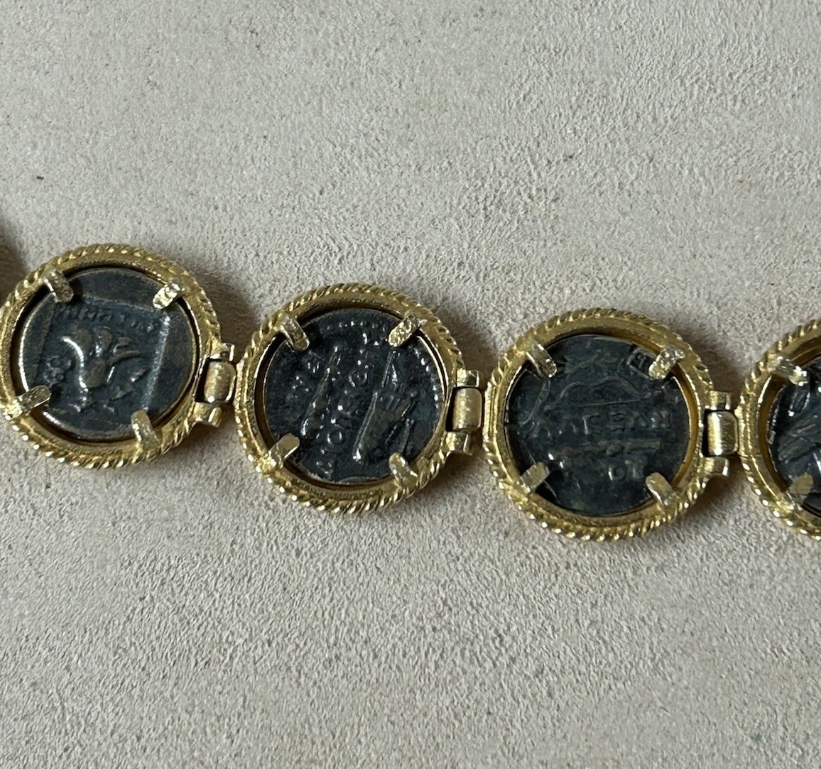 Sterling Silver Vermeil Ancient Greek Coins Link Bracelet 7.25 “