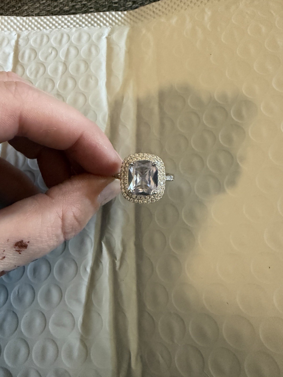 18k White Gold Plated Cushion-Cut White/Colorless Gem Halo Ring, Size 8
