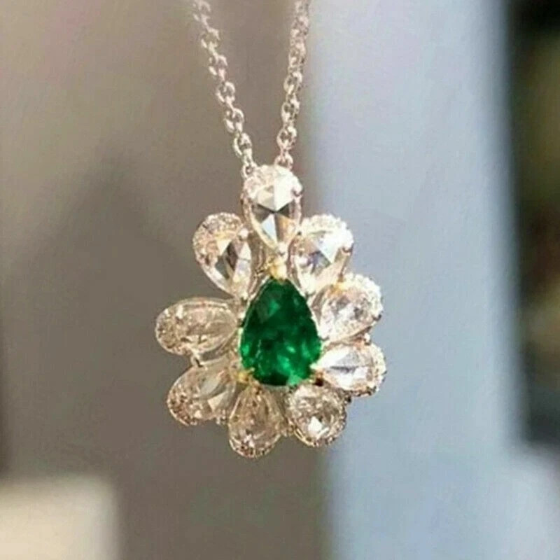 1.60Ct Pear Green Emerald Flower Pendant 14K White Gold Silver Plated