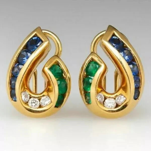 1.20Ct Lab Created Sapphire/Emerald Diamond Hoop Earrings 14K Yellow Gold Plated