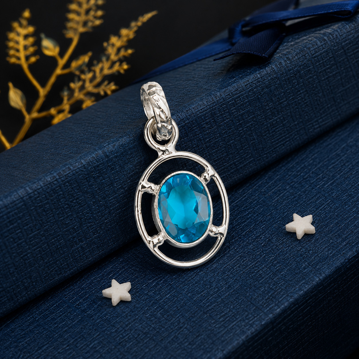 Swiss Blue Topaz 925 Solid Silver Designer Pendent 1.30″ Gift For Engagement