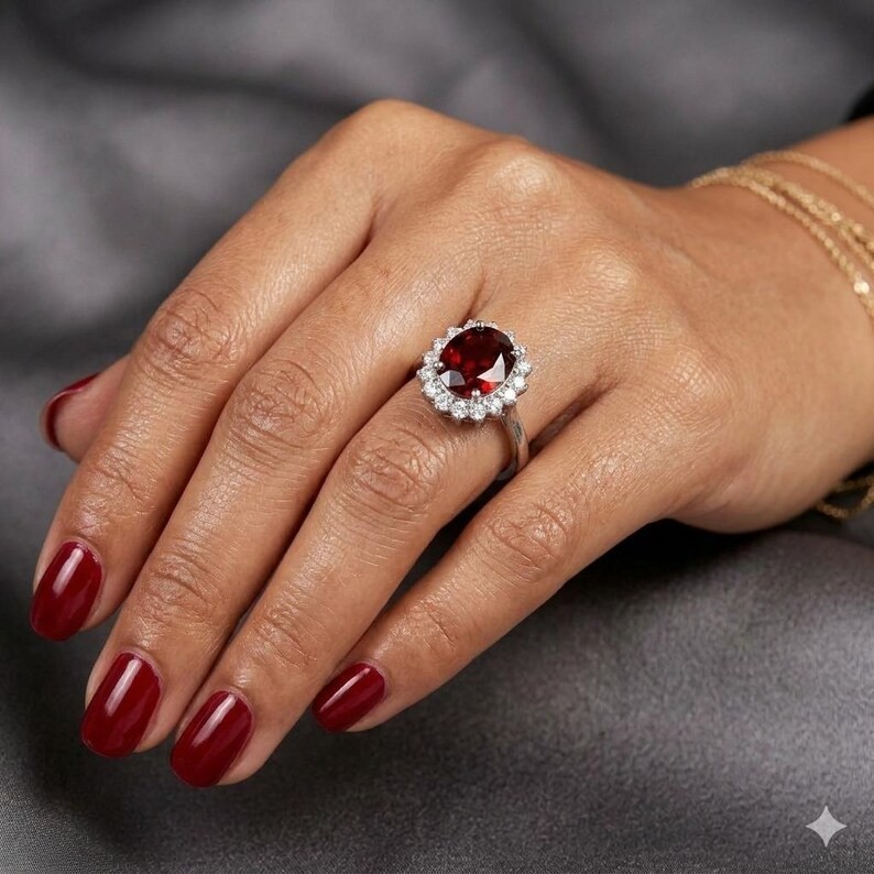 Oval 8x10mm Red Garnet Ring 925 Silver Halo January Birthstone Jewelry Gift Her