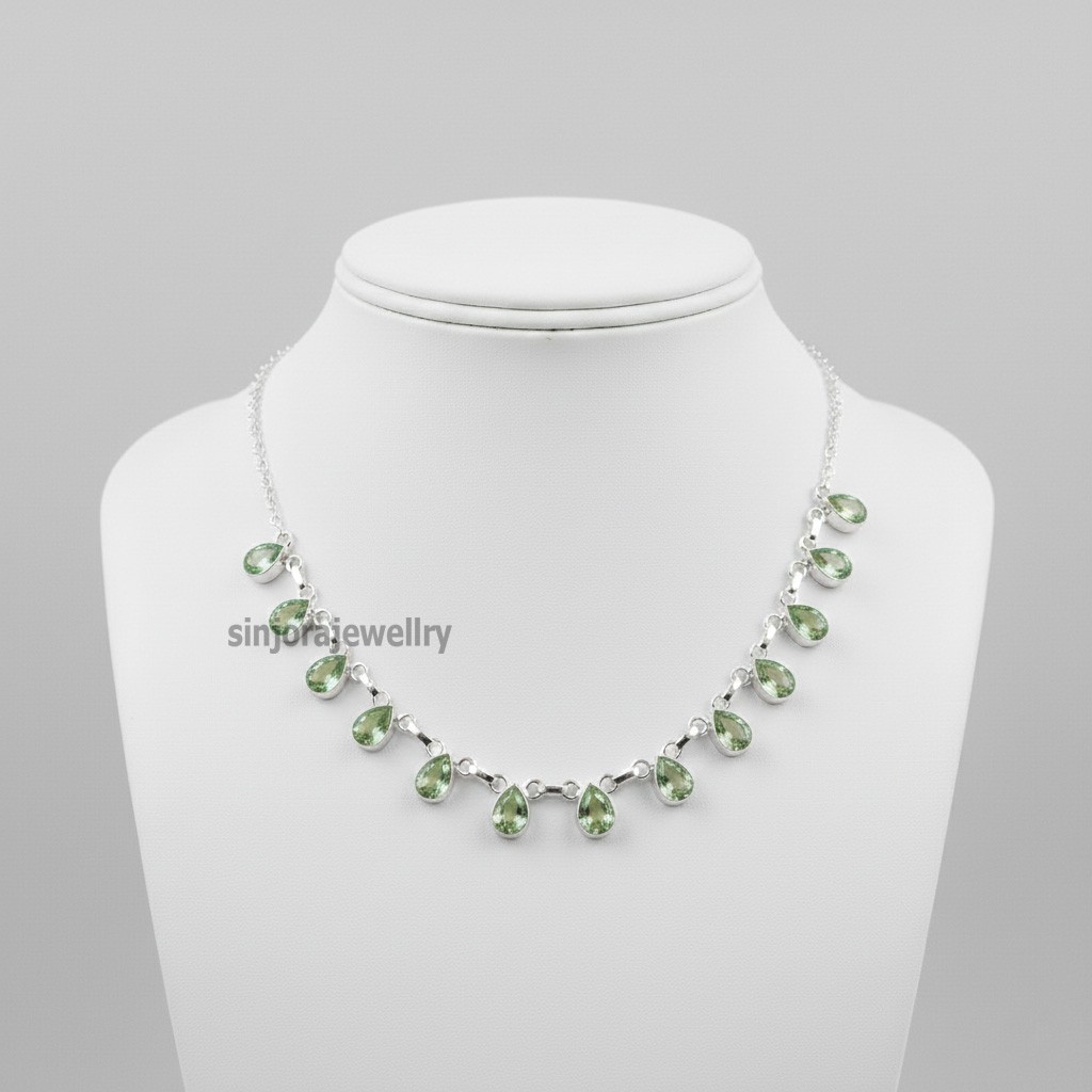 Green Amethyst Gemstone 925 Sterling Silver Handmade Gift Necklace 18″