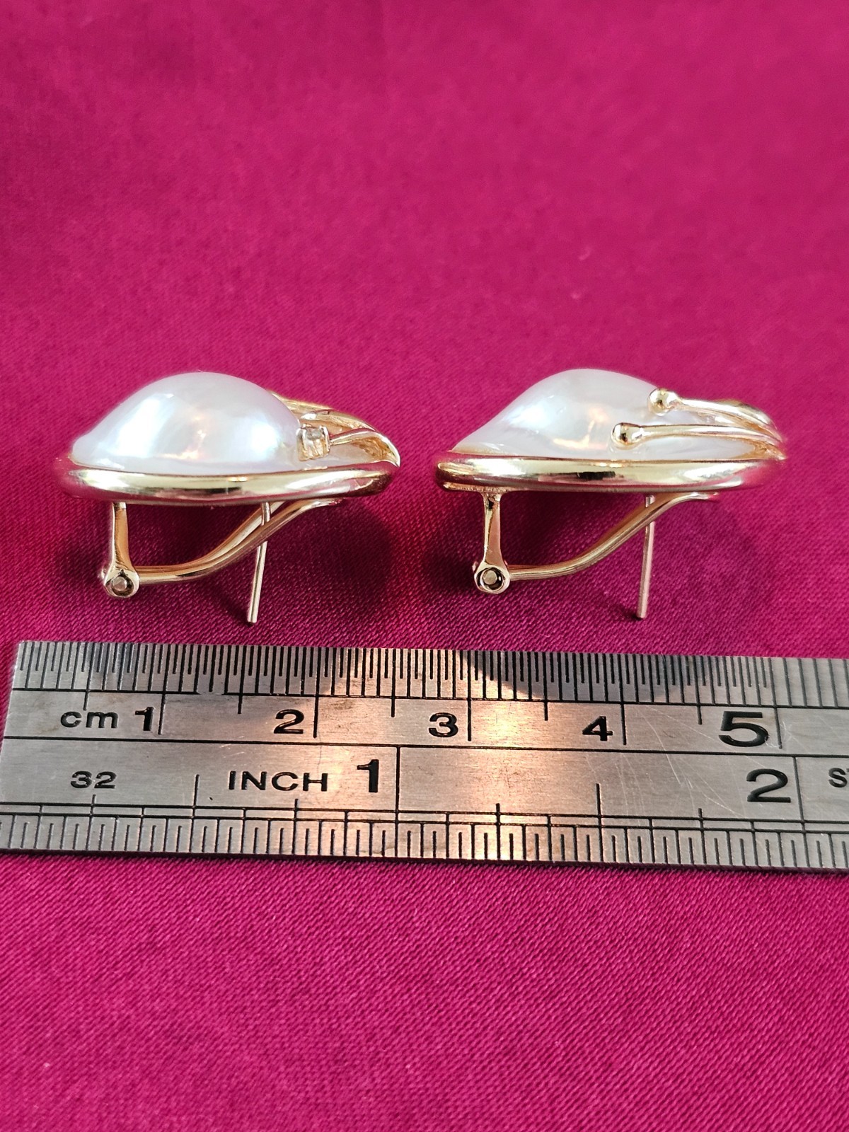 14K Yellow Gold Mabe Pearl Diamond Earrings Round Omega Back Statement 11g