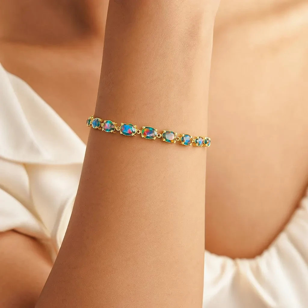 Genuine Black Opal Gemstone Silver Tennis Bracelet, Fire Opal Gemstone