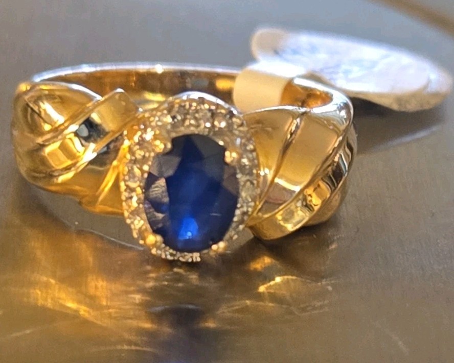 Estate 14k Solid Gold Natural Sapphire & Diamond Halo Ring Size 7.75, 3.8 grams