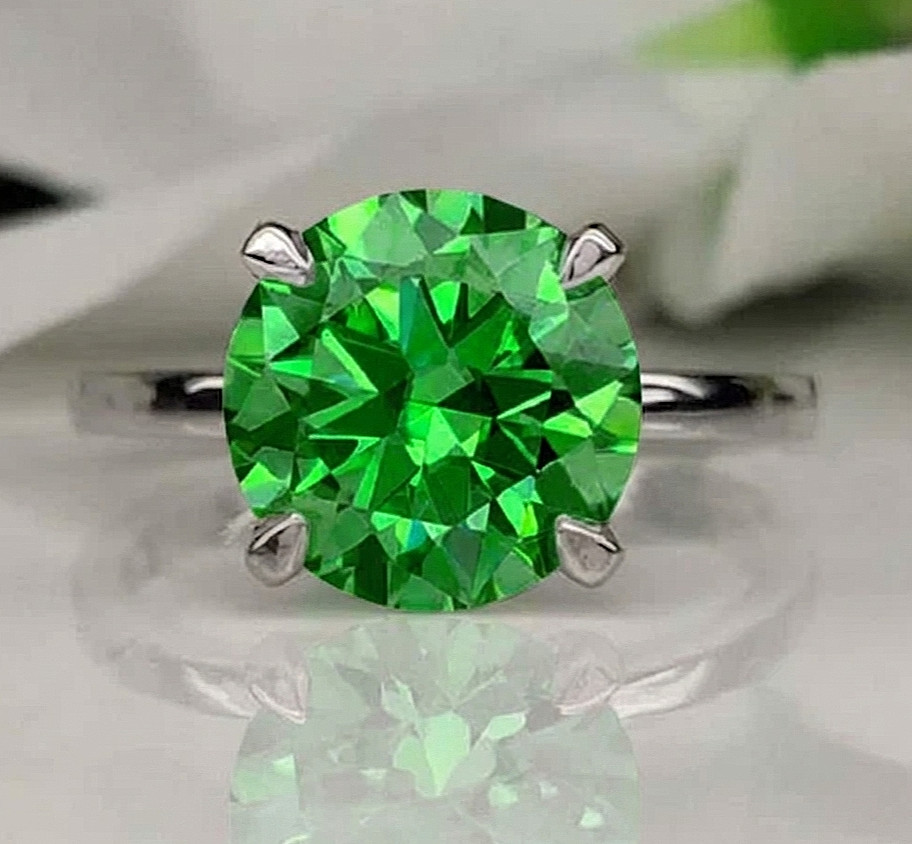 Pretty 3.50 Ct Certified Leaf Green Diamond Ring, Great Sparkle, FREE Studs