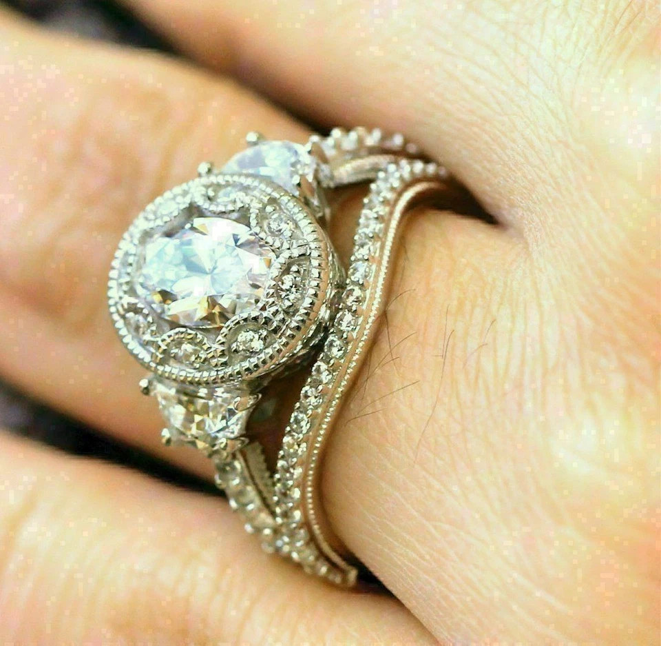 3.00CT Oval Cut Lab Created Bridal Engagement Ring Set 925 Sterling Silver SZ 9
