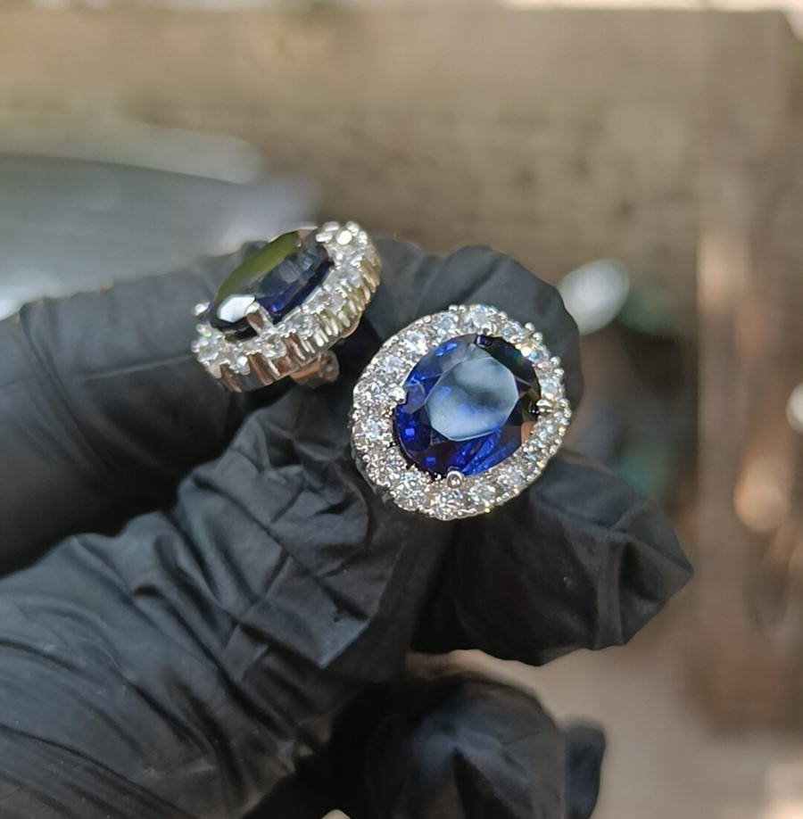 1.20Ct Oval Cut Lab-Created Sapphire Halo Stud Earrings 14K White Gold Plated