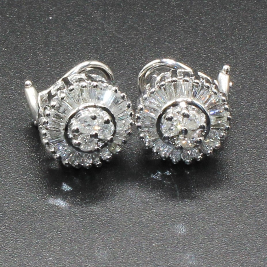 14K White REAL NATURAL Diamond Cluster Earrings 1.25CT Baguette HEAVY Omega Back