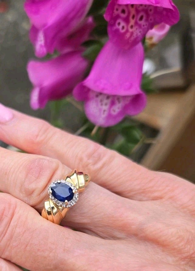 Estate 14k Solid Gold Natural Sapphire & Diamond Halo Ring Size 7.75, 3.8 grams