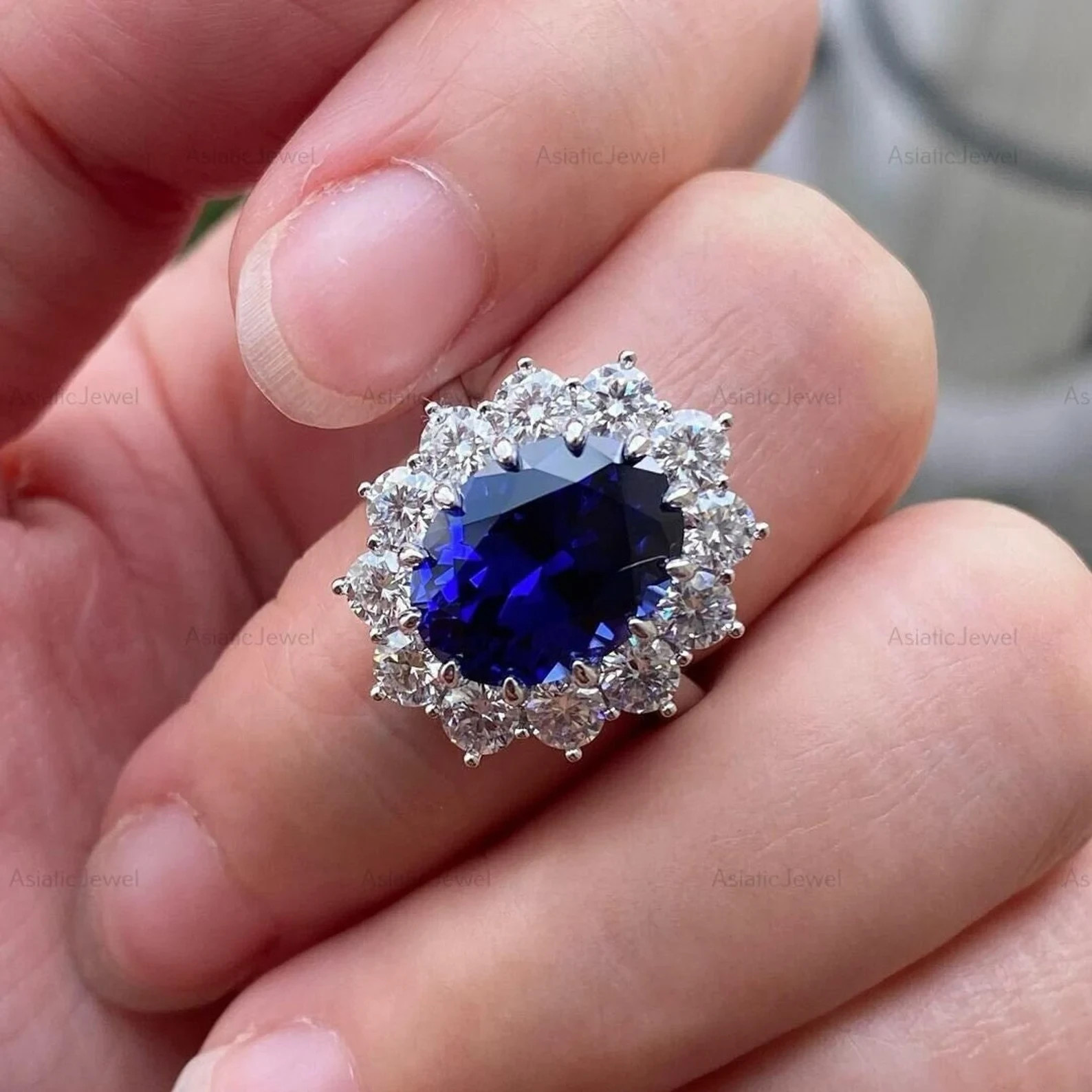 6 Ct Oval Cut Natural Sapphire Diamond Wedding Halo Ring 14K White Gold Size 7