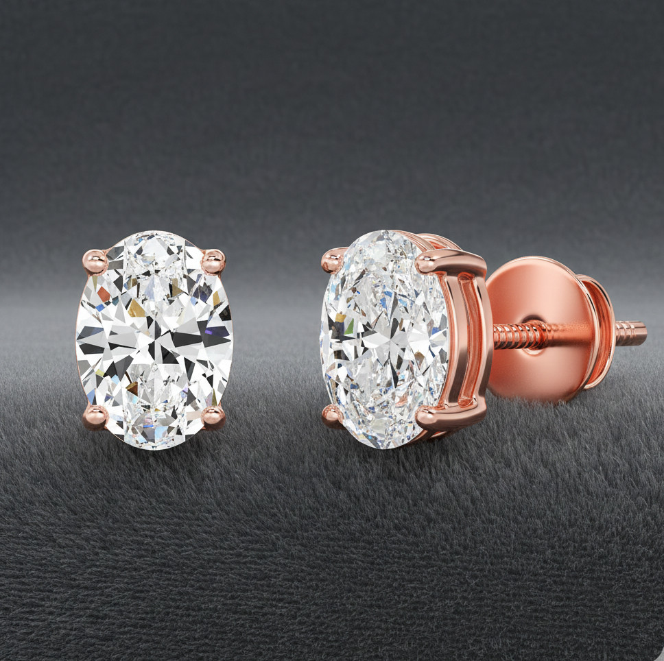 CVD Oval Diamond Earrings 3 Carat IGI Lab Created E F / VVS 14k Rose Gold Studs