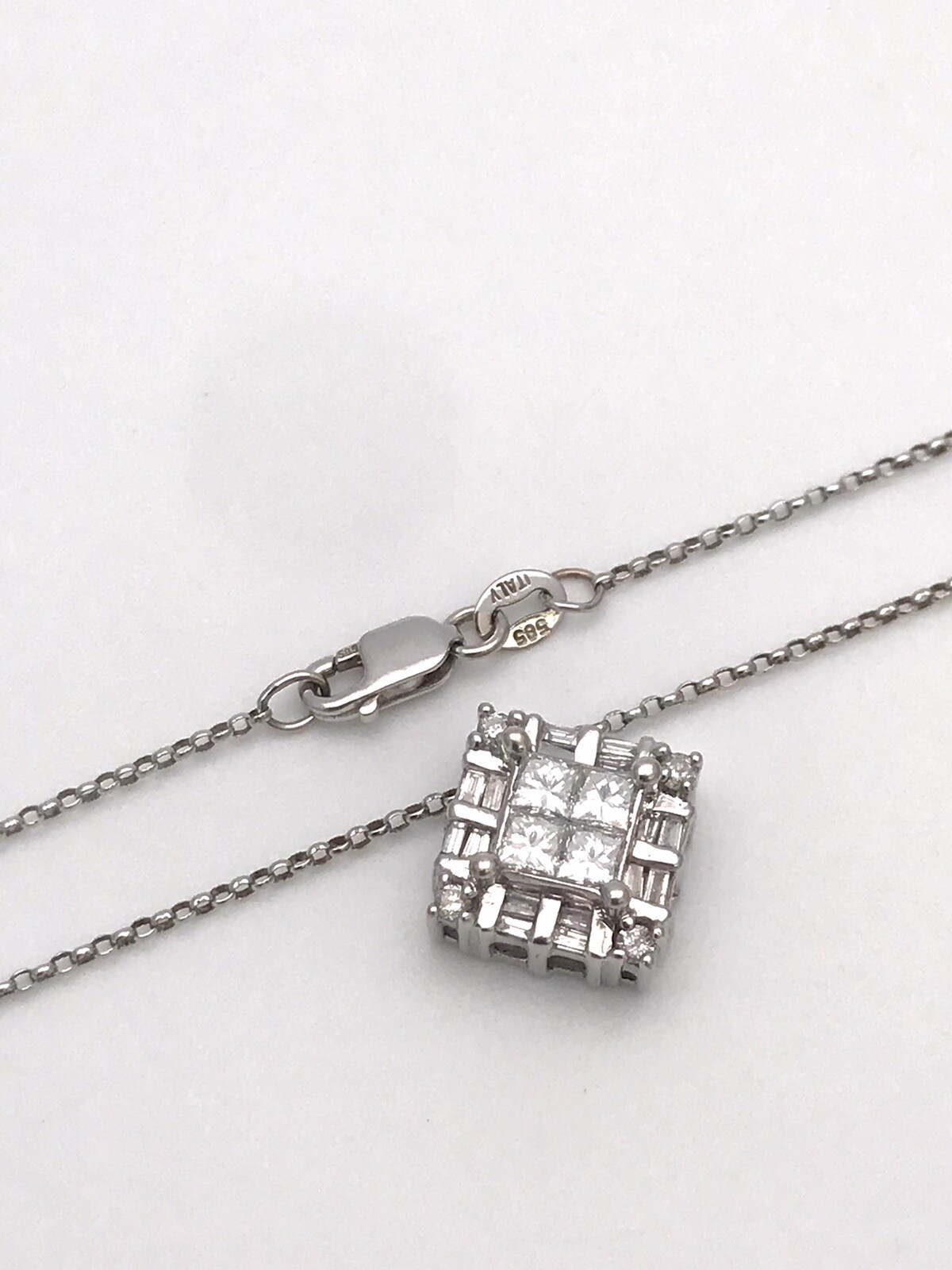 14k White Gold .75ct(tw) Natural Diamond Invisible Princess Setting Necklace 17”
