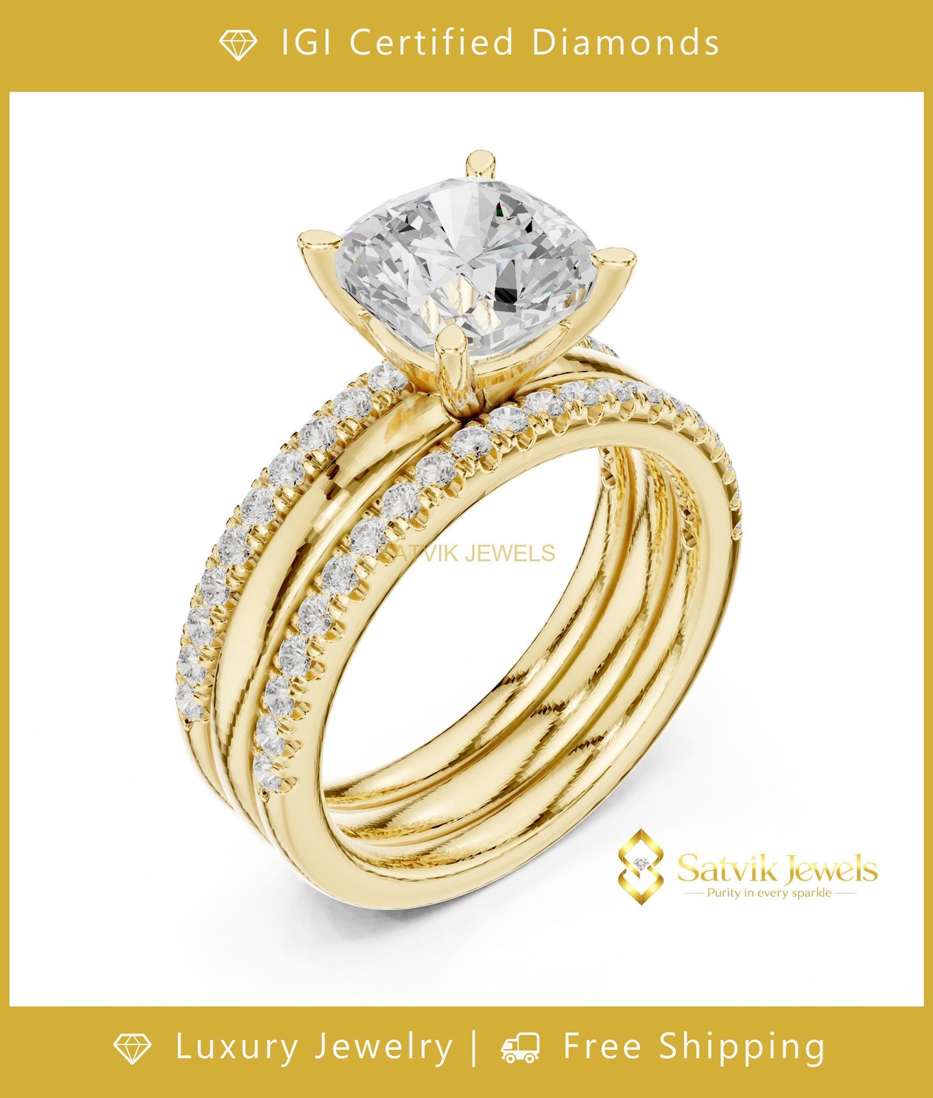 BRIDAL RING SET OF THREE TRENDING 3 CT CUSHION Cut lab grown diamond ring gold