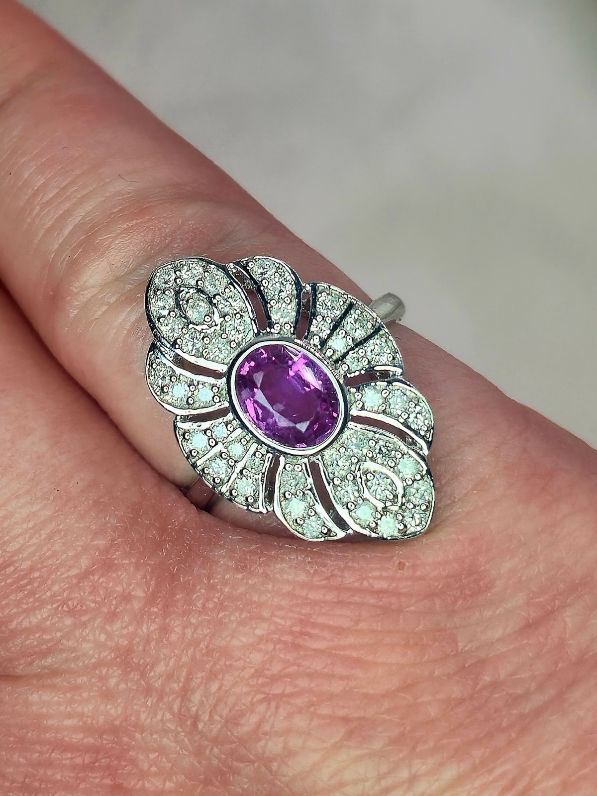 ​💗 Natural Pink Ceylon Sapphire & Diamond Contemporary Art Deco Ring In 14ct…
