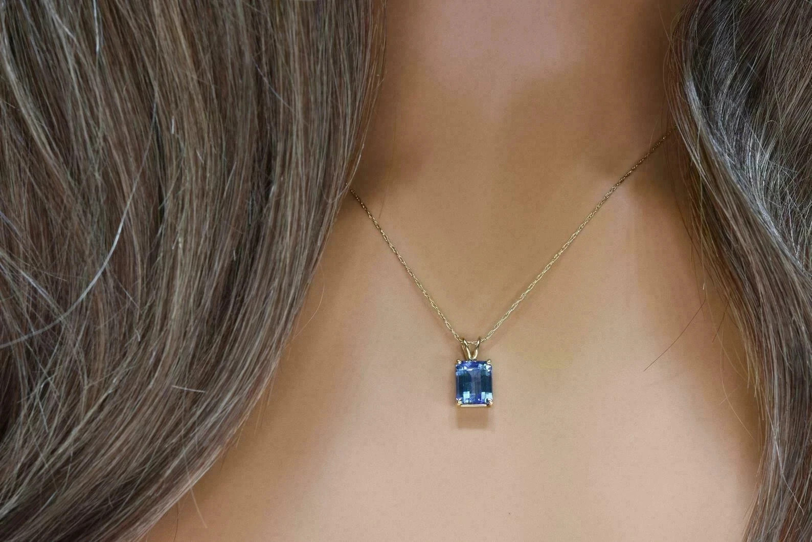 2Ct Emerald Cut Tanzanite Solitaire Pendant 14K White Gold Finish 18″ Free Chai