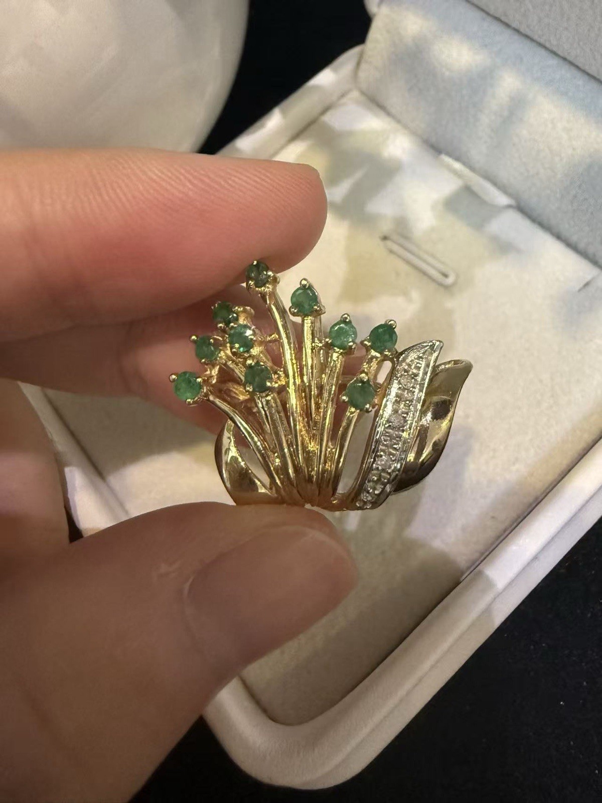 10K Gold Emerald Peacock Tail Pendant with Diamond Accents