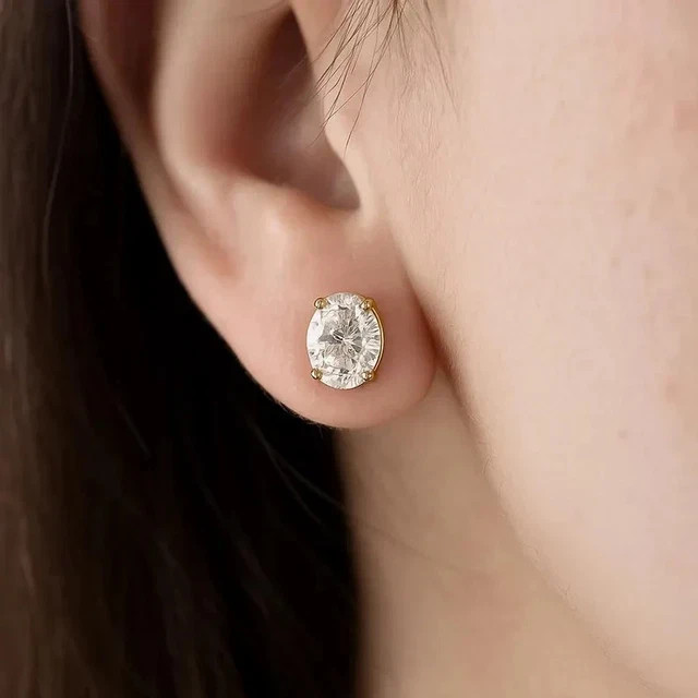 14K Yellow Gold Plated 2Ct Oval Cut Real Moissanite Halo Women Stud Earrings