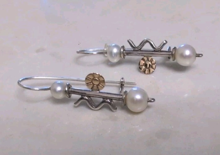 PEARL 14K WHITE AND YELLOW GOLD ARTSY ABSTRACT DROP EARRINGS