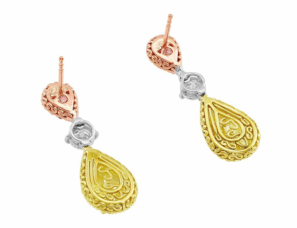 5Ct Lab-Created Yellow Pink Sapphire Cocktail Drop Earrings 3 Tone Gold Plated