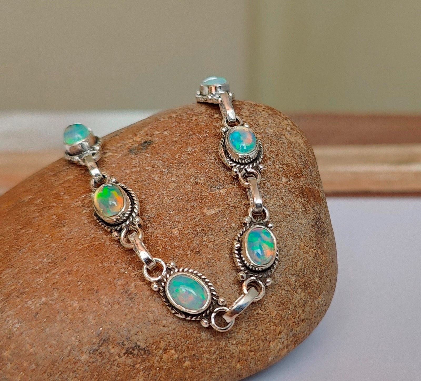 Opal Rainbow Gemstone Bracelet 925 Sterling Silver Beautiful Adjustable PG317
