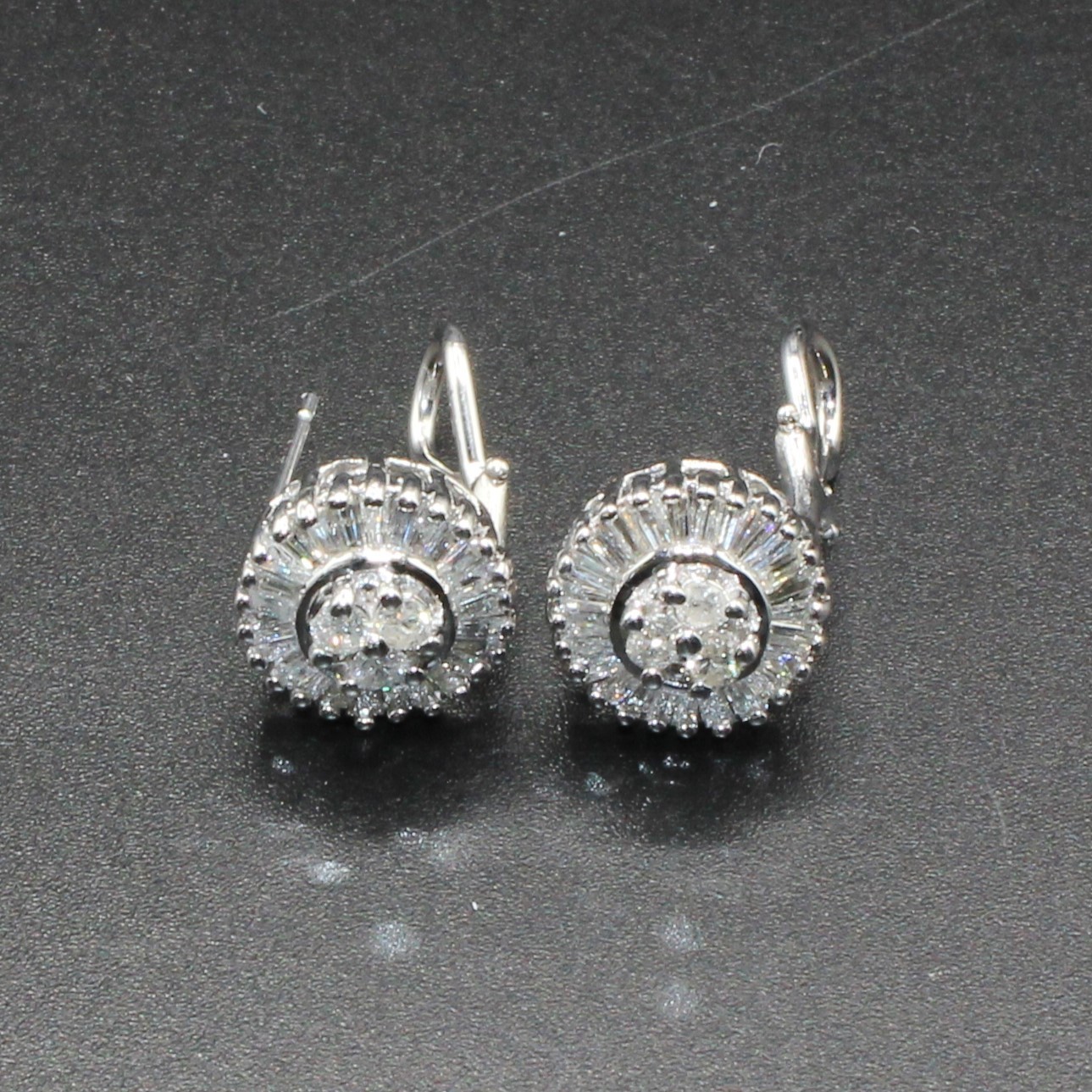 14K White REAL NATURAL Diamond Cluster Earrings 1.25CT Baguette HEAVY Omega Back
