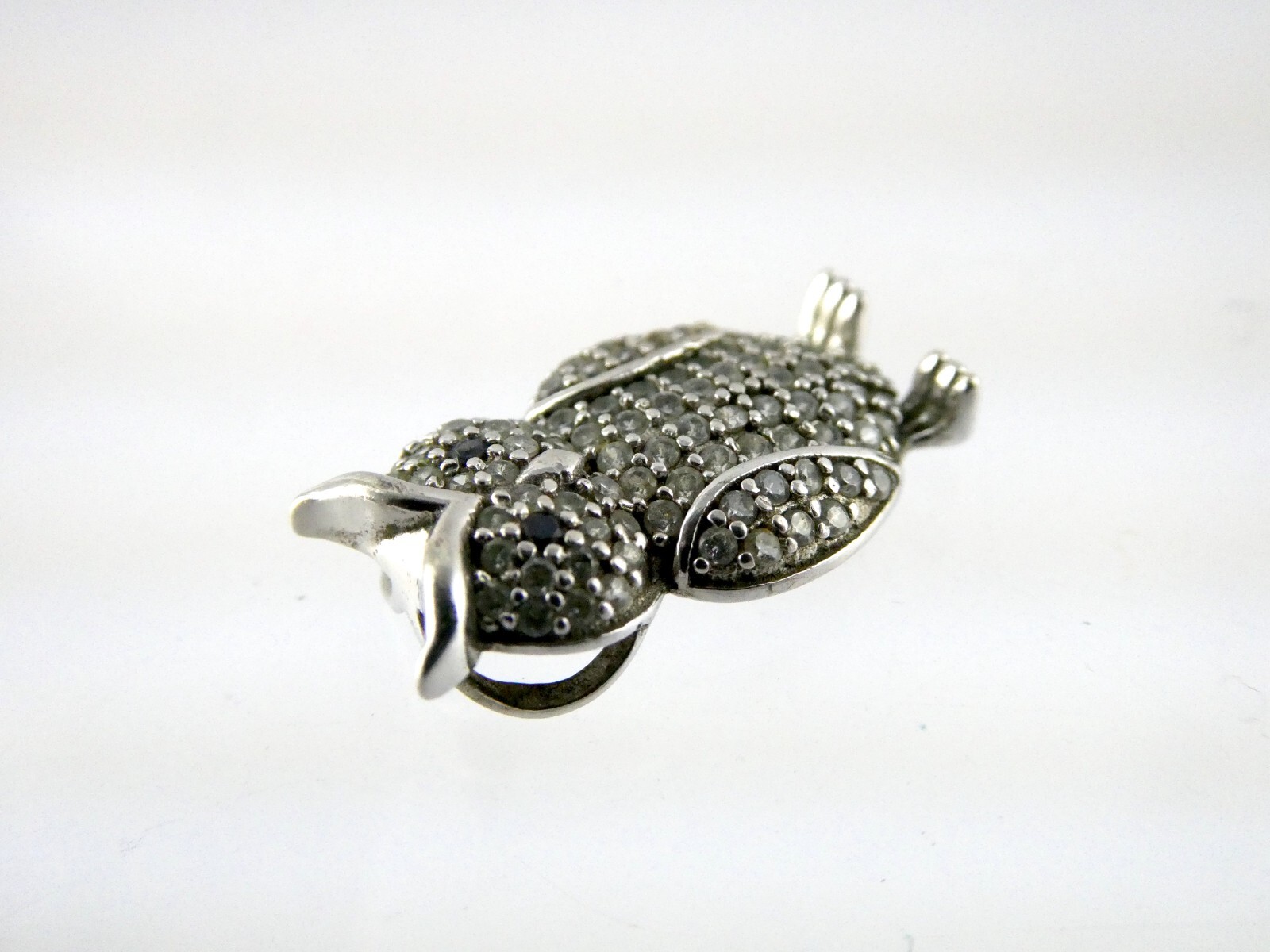 Sterling Silver White and Blue Crystal Pave Studded Owl Pendant 925 1.9g .75 In