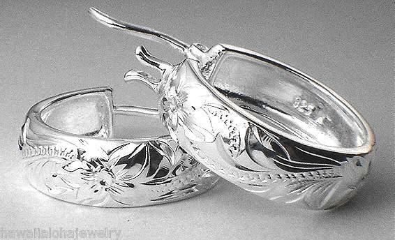 19MM SOLID 925 SILVER ENGRAVED HAWAIIAN PRINCESS SCROLLS ROUND HOOP EARRINGS
