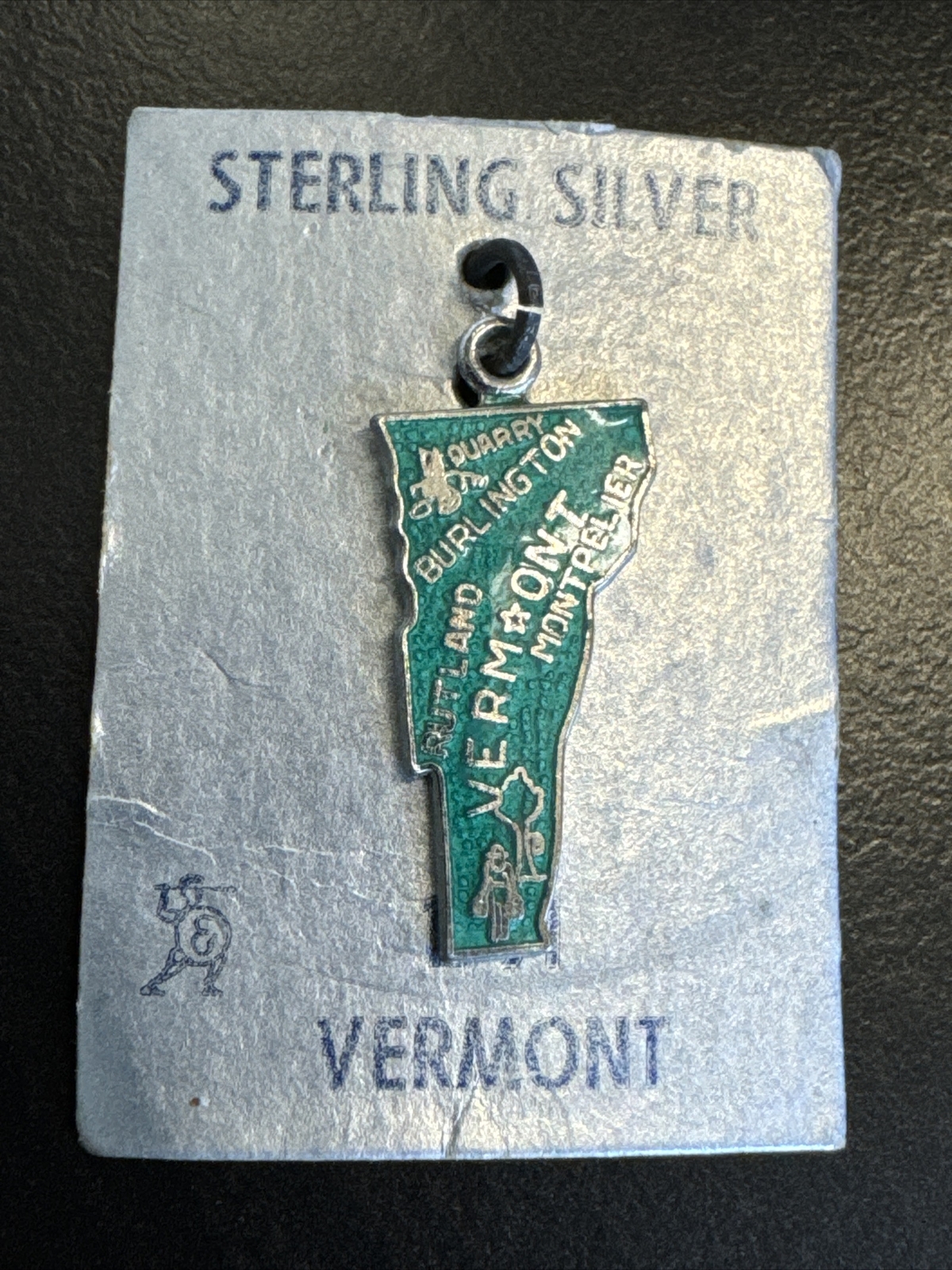VERMONT State Map Green Enamel Sterling Silver Pendent/Charm Souvenir FORT