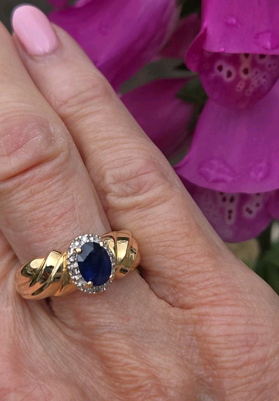 Estate 14k Solid Gold Natural Sapphire & Diamond Halo Ring Size 7.75, 3.8 grams