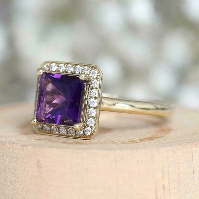 2Ct Princess Cut Natural Amethyst Engagement Ring 14K Yellow Gold Plated