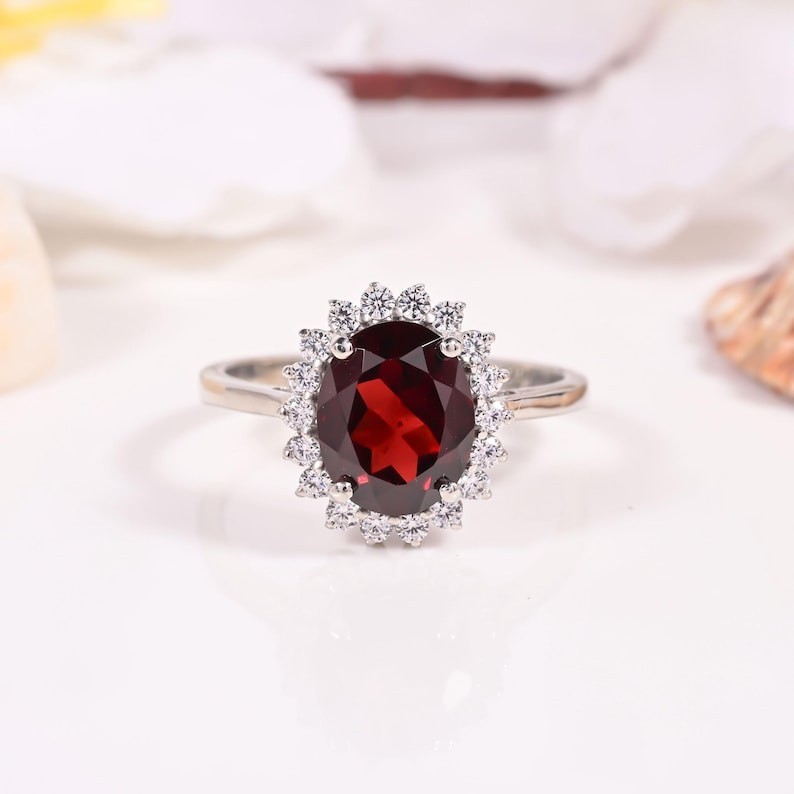Oval 8x10mm Red Garnet Ring 925 Silver Halo January Birthstone Jewelry Gift Her