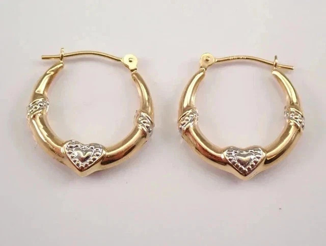 14K Yellow Gold Plated Delicate Vintage Women Estate Petite Heart Hoop Earrings
