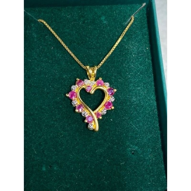 925 Gold Vermeil Pink Red Stone Heart Pendant Necklace 18″