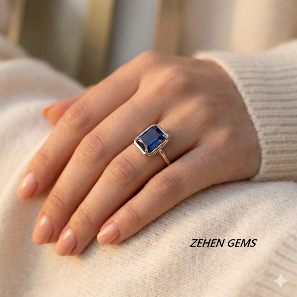 Lab created Blue Sapphire Ring Women Emerald Cut Solitaire Ring