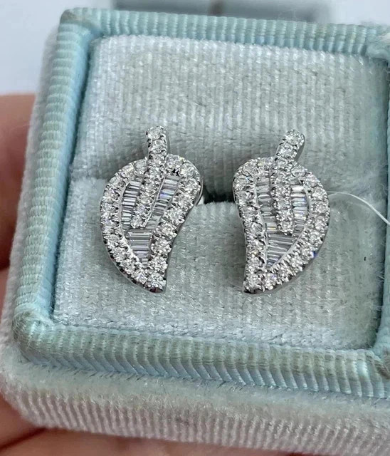 2Ct Baguette Cut Moissanite Push Back Leaf Stud Earrings 14K White Gold Plated
