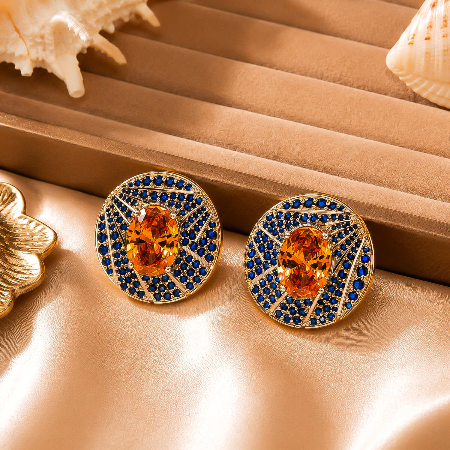 Orange & Blue Gemstone Hallmarked 925 Sterling Silver Stud | Statement Earrings