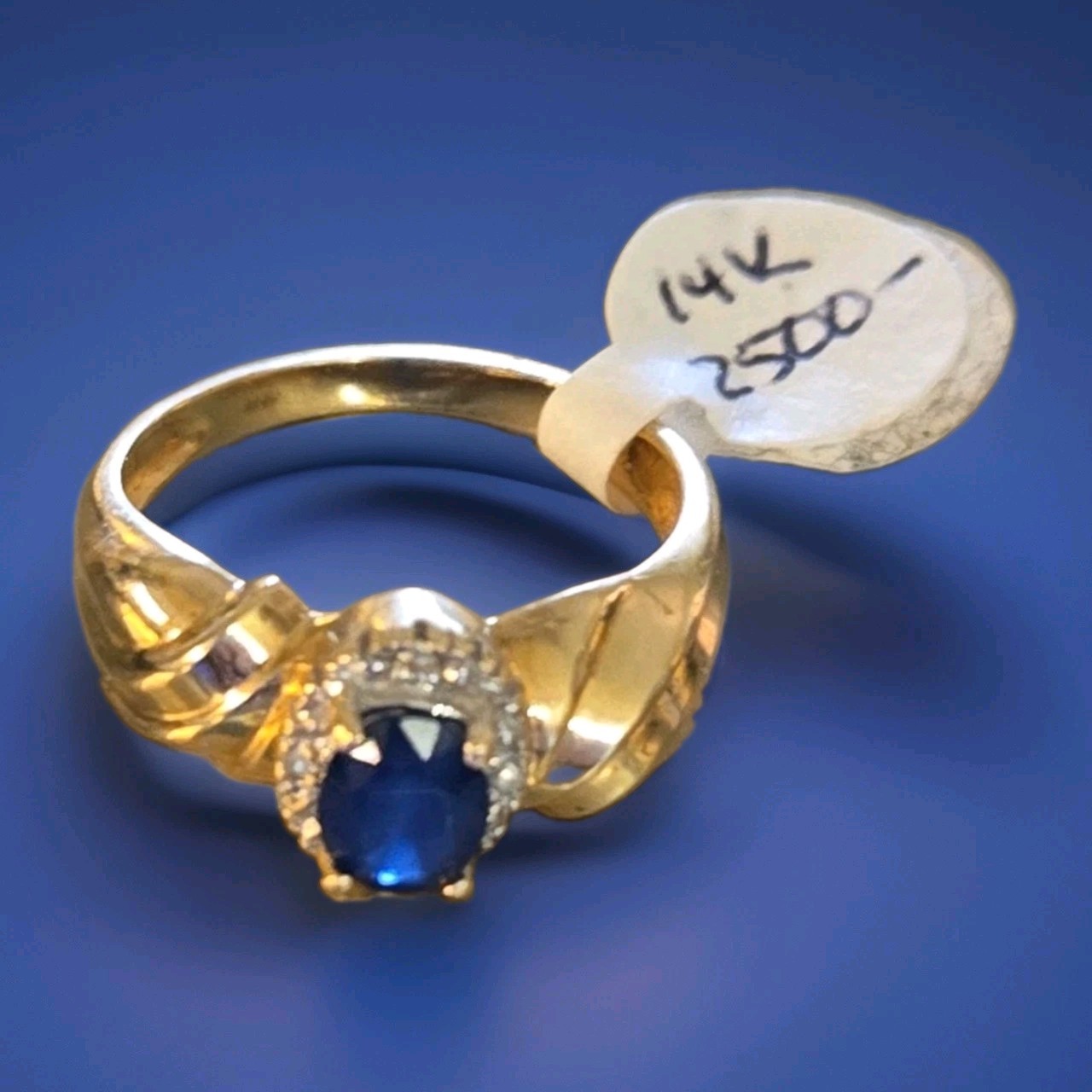 Estate 14k Solid Gold Natural Sapphire & Diamond Halo Ring Size 7.75, 3.8 grams