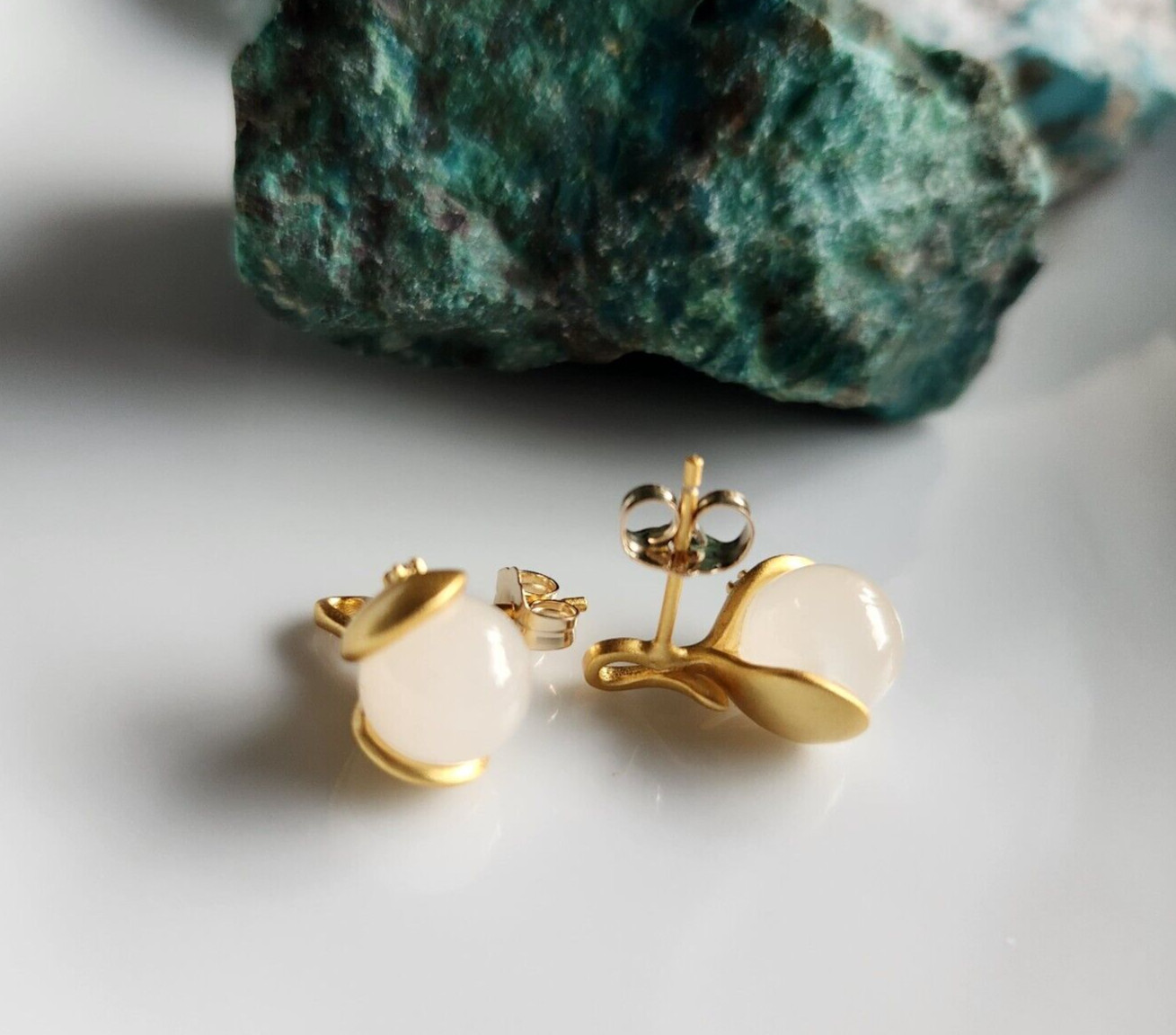 Natural White 8mm Jade DC Stud Earrings 14k Yellow Gold Over Solid Silver